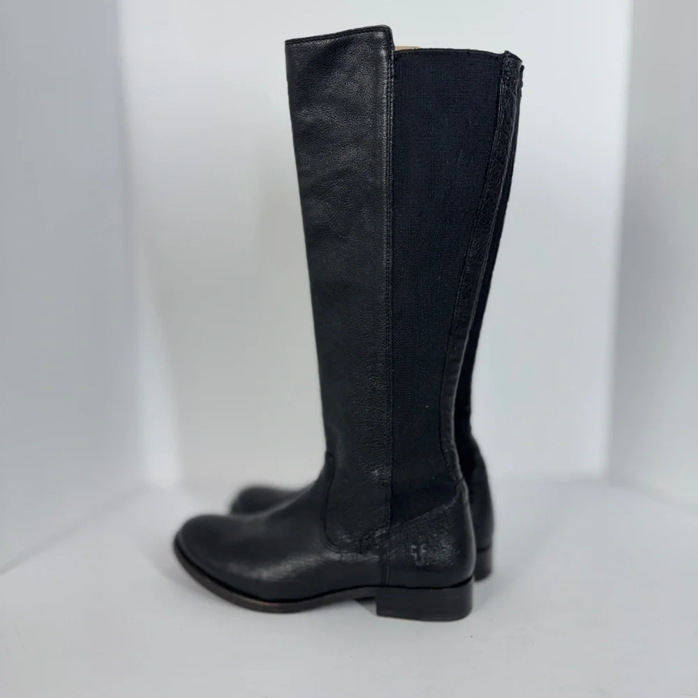Frye Black Leather Tall Riding Boots Stretch Back Panel Size 6.5B Equestrian